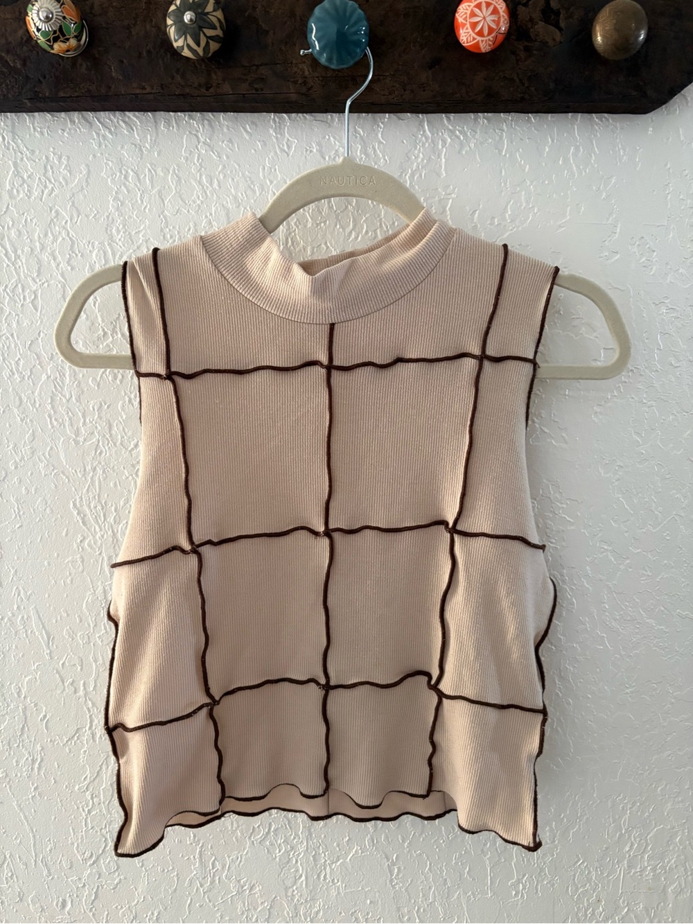 Pretty Garbage Sleeveless Mock Neck Grid-Detail Top - Beige